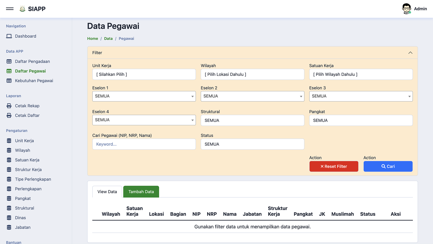 Employee data management interface with advanced multi-criteria filter panel including Unit Kerja, Wilayah, Satuan Kerja, Eselon levels, and searchable data table