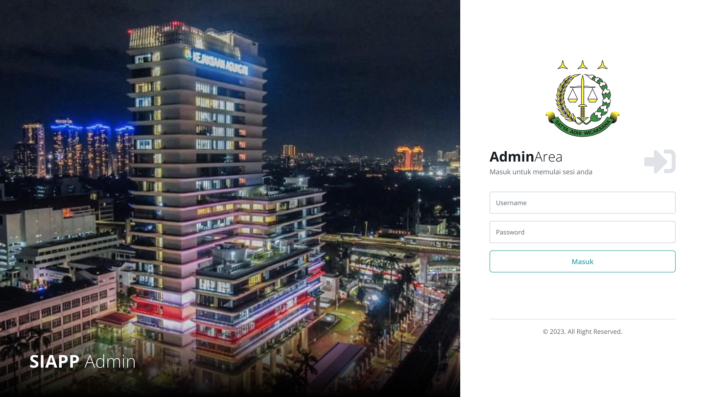 SIAP Online secure login page with split-screen layout showing Kejaksaan Agung building on the left and admin authentication form with institutional emblem on the right