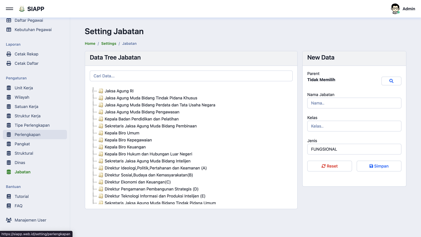 Position hierarchy settings showing an interactive tree view of all organizational positions from Jaksa Agung RI down to directorate level, with a new data entry form on the right
