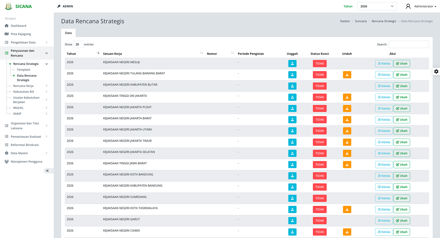 Strategic planning data management table with CRUD actions and priority indicators