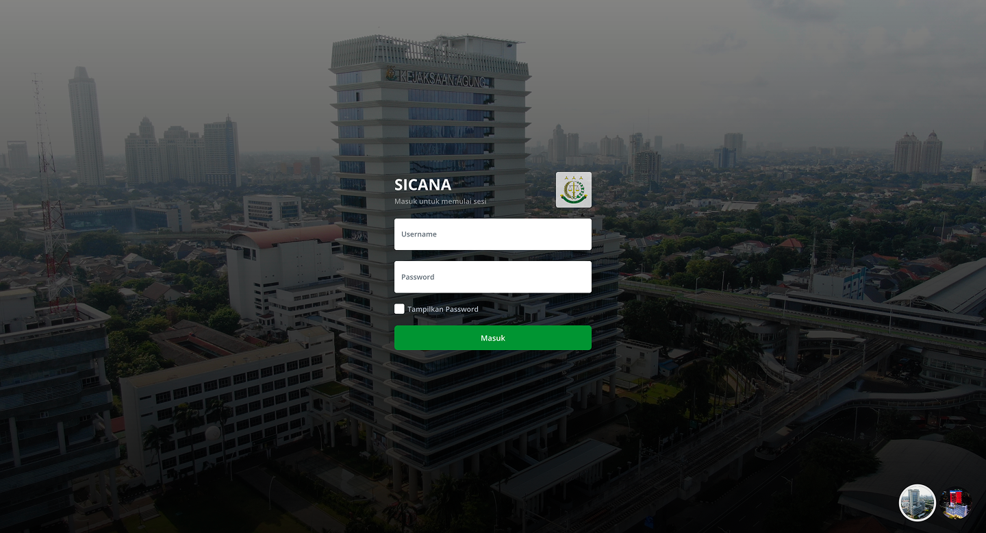 SICANA secure login page with Kejaksaan Agung branding
