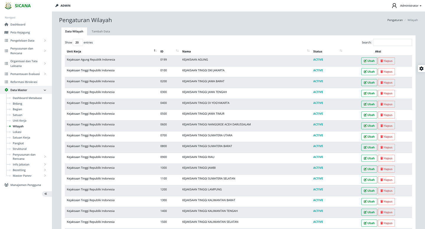 Region settings management showing administrative areas and office assignments