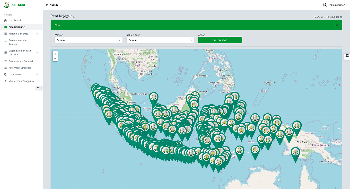 Interactive GIS map of Indonesia showing all Kejaksaan Agung office locations with filterable markers