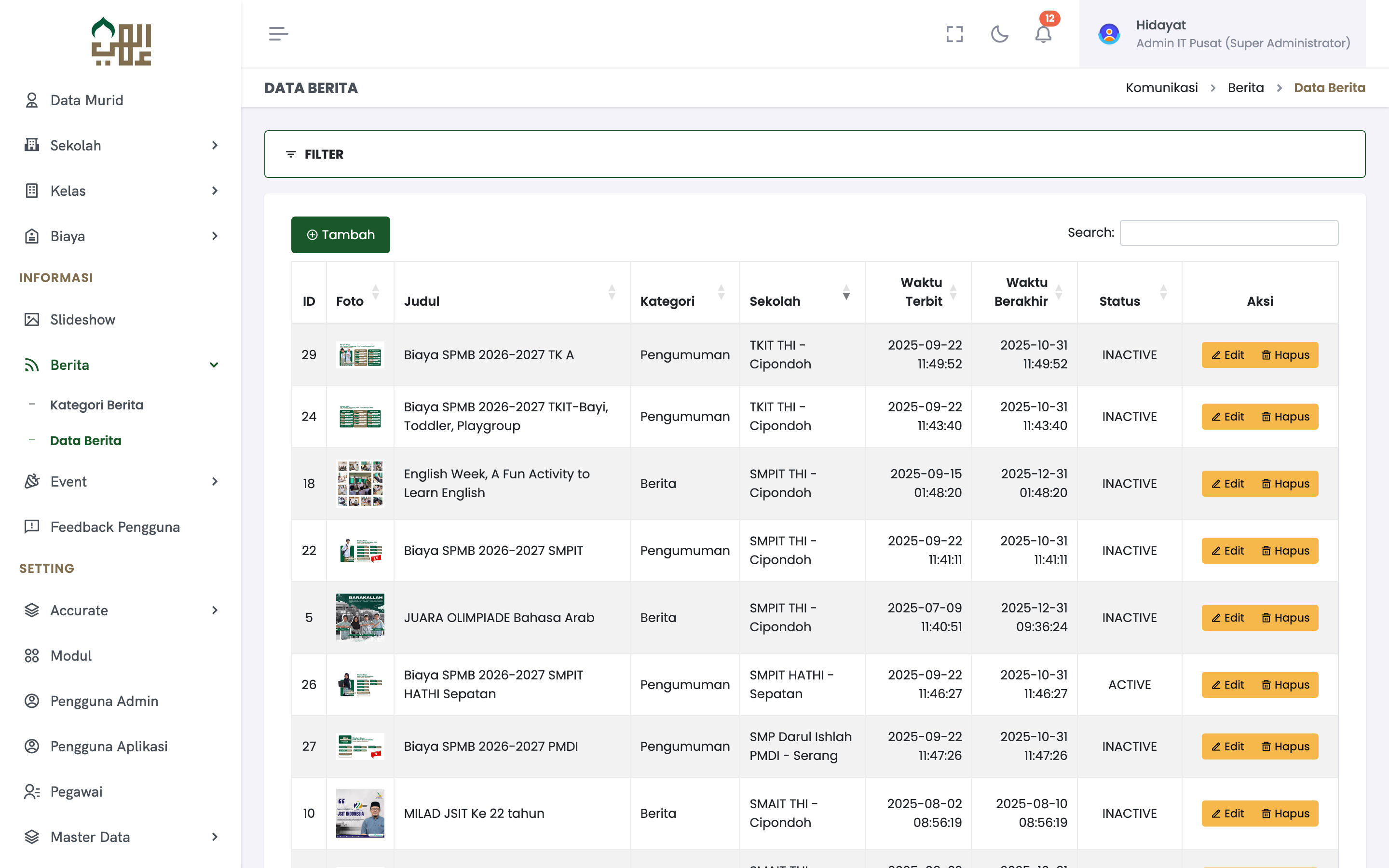 SISTO News and Announcements module with category-based publishing for SPMB, Olimpiade, and school events