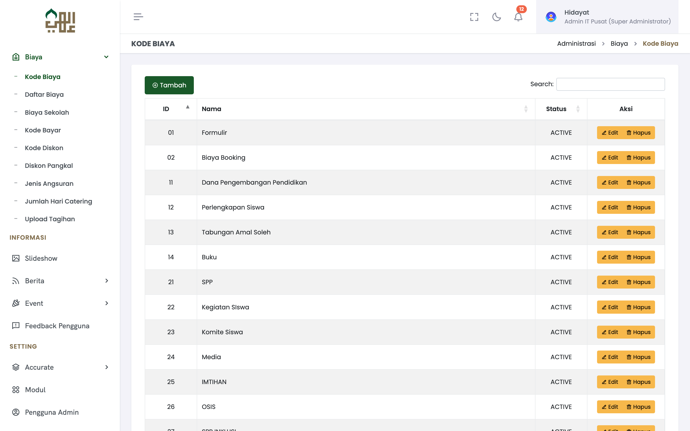 SISTO Fee Code management with 12+ configurable fee types including SPP, Formulir, and Dana Pengembangan Pendidikan