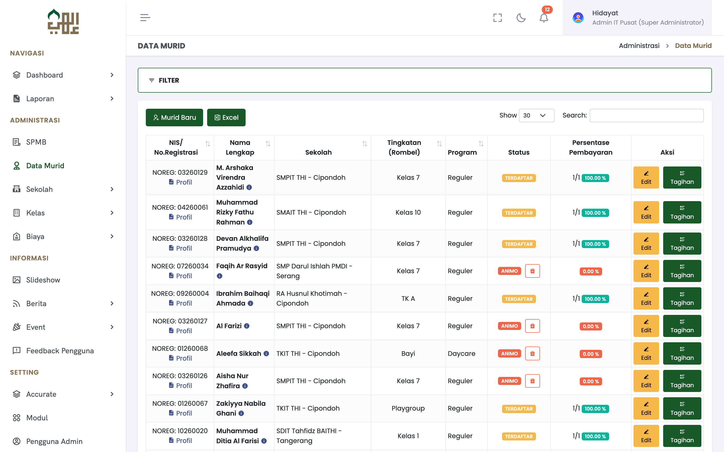 SISTO Student Data Management with NIS, payment percentage tracking, and multi-campus records
