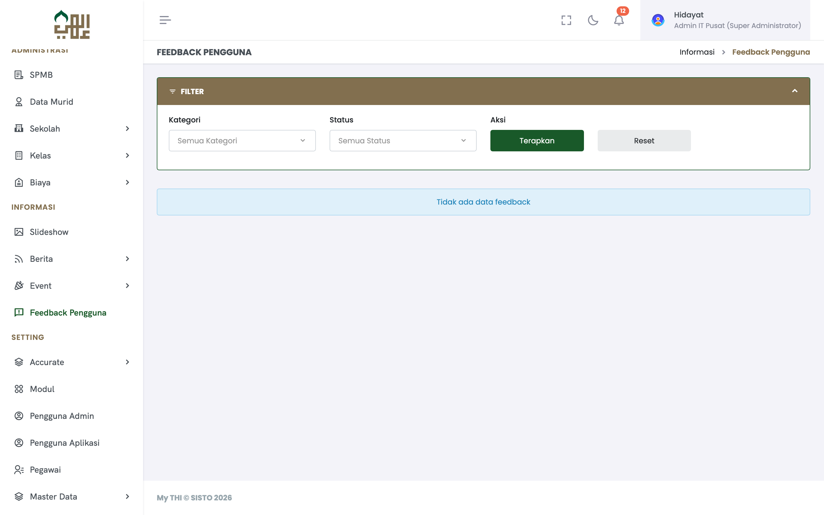 Feedback Pengguna module with category and status filtering for collecting user feedback across all campuses