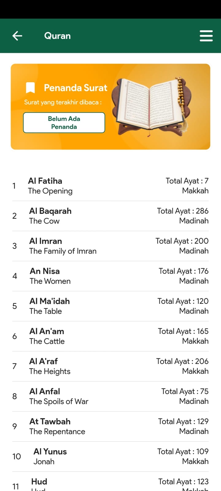 Al-Quran reader — 114 surahs with ayat counts and bookmark