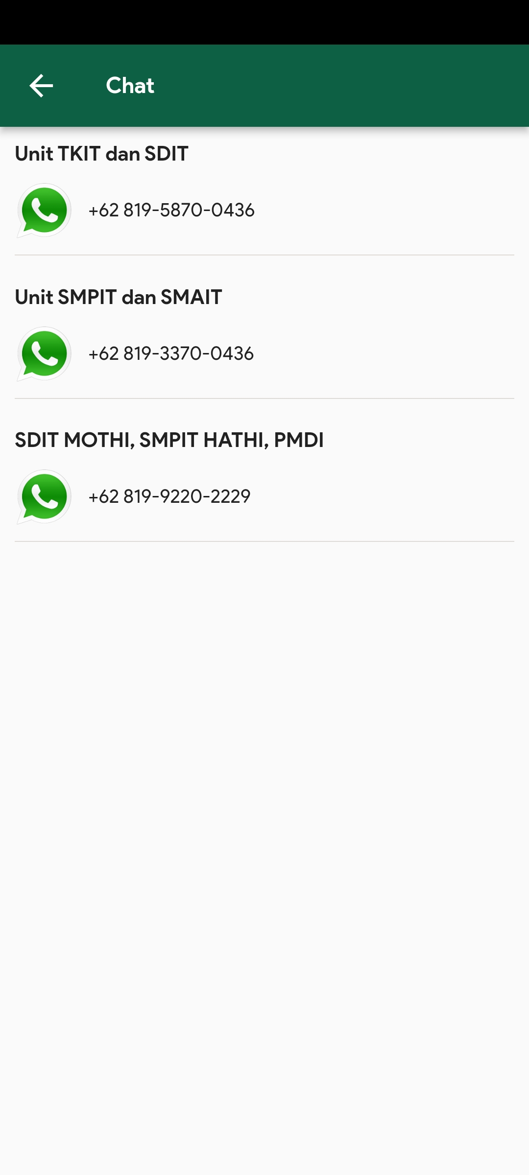 WhatsApp contact — 3 unit groups for all THI campuses
