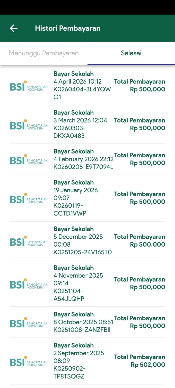 BSI payment history — Rp 500,000/month completed transactions