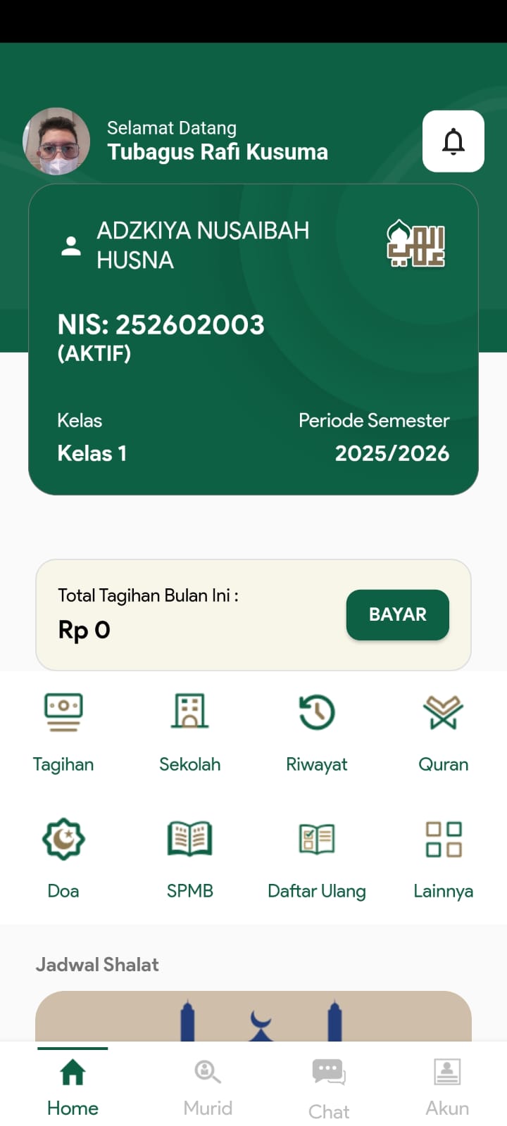 THI homepage — student card, billing alert, 8 Islamic menus, Jadwal Shalat