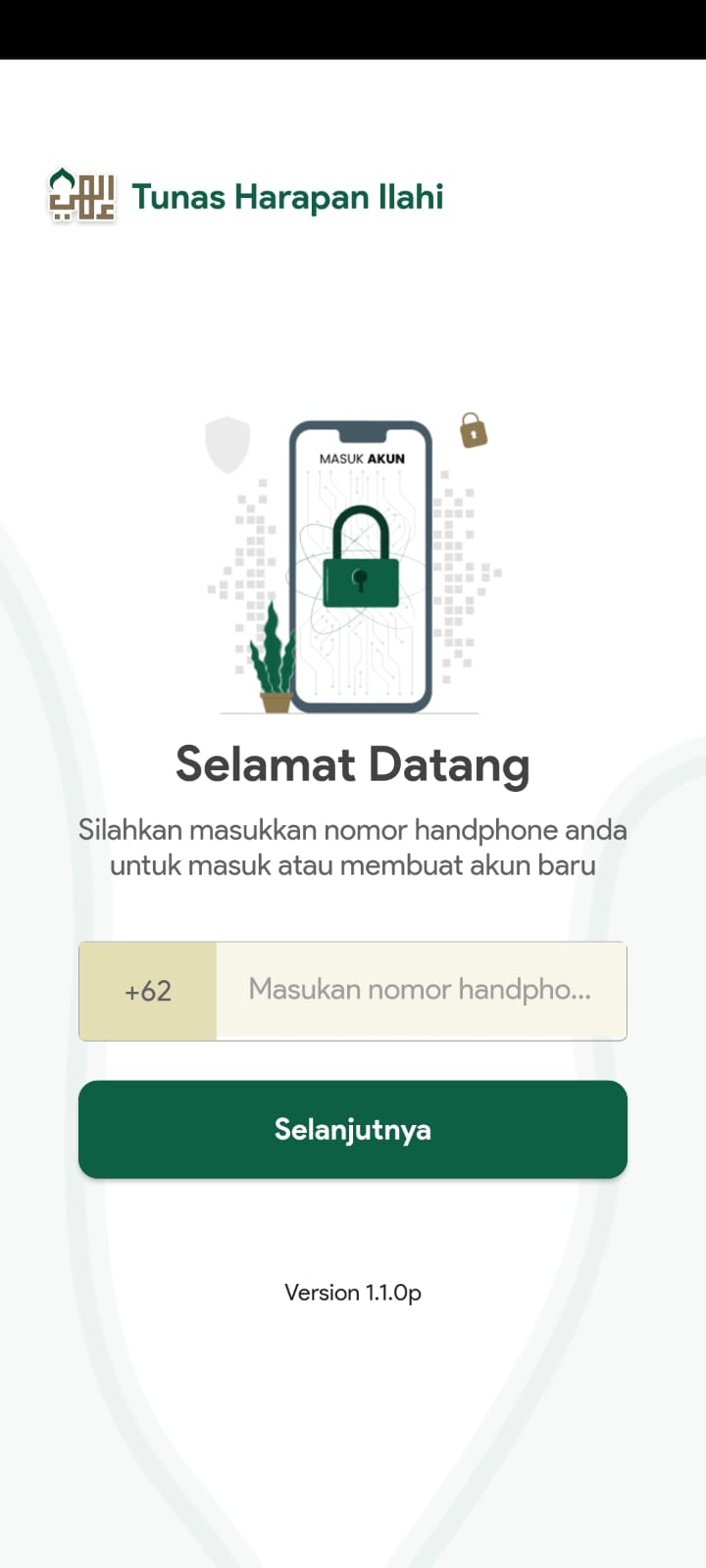 THI Mobile login — Tunas Harapan Ilahi branding, +62 phone authentication, v1.1.0p