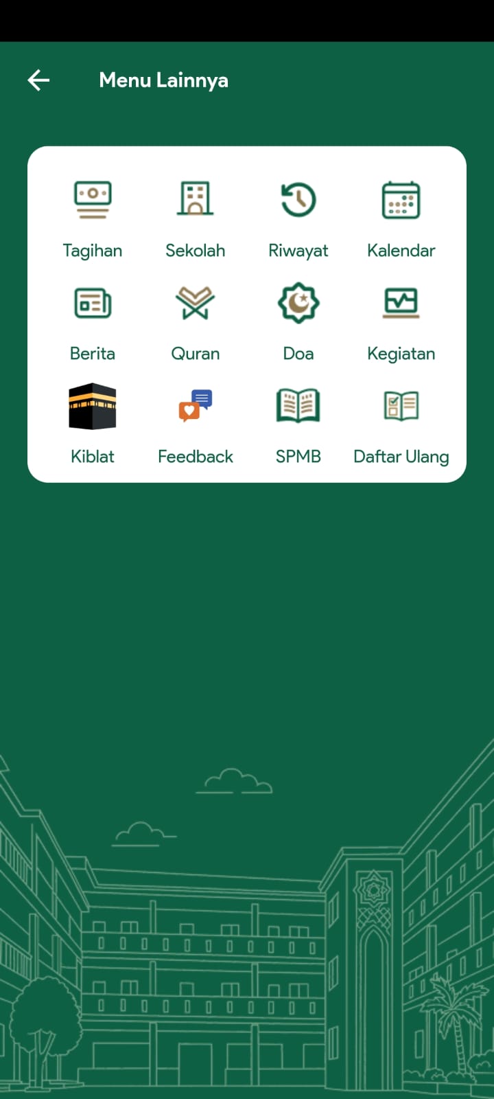 Full 12-menu grid — Kalendar, Berita, Kegiatan, Kiblat, Feedback