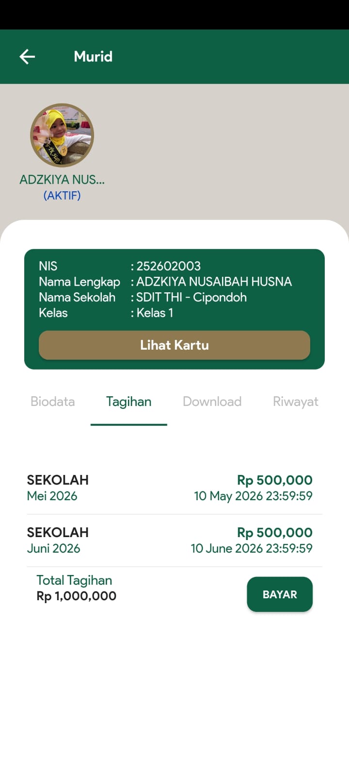 Tagihan tab — SEKOLAH Rp 500,000/month, total Rp 1,000,000