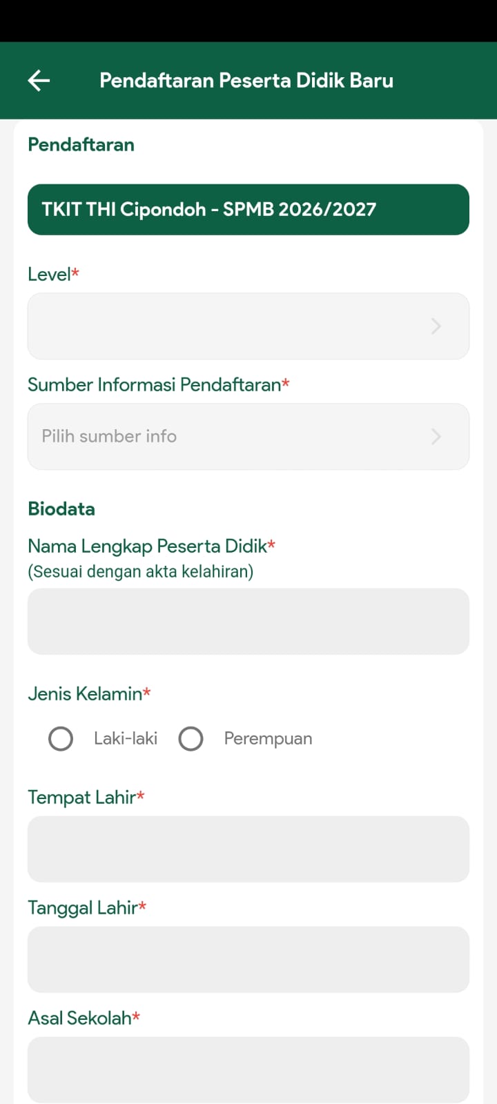 SPMB registration form — TKIT THI Cipondoh, 2026/2027