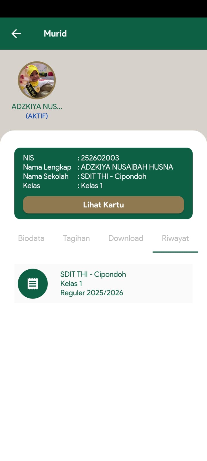 Academic history — SDIT THI Cipondoh, Kelas 1, Reguler 2025/2026