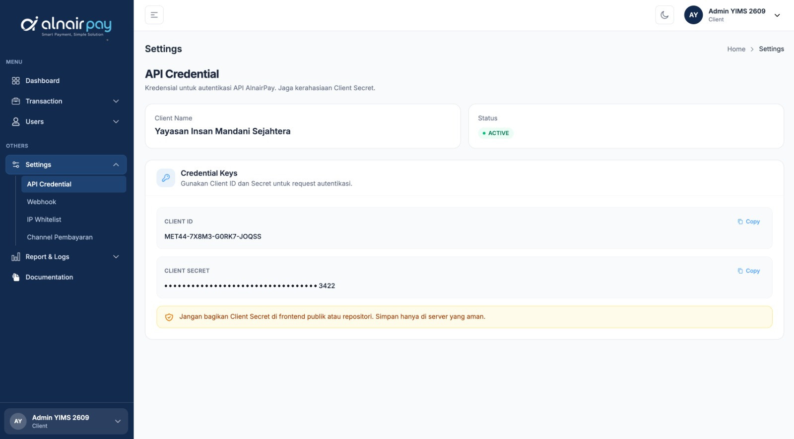 Alnair Pay API Credential settings showing the client ID and a masked client secret, each with a copy button