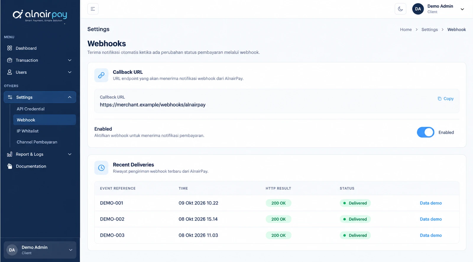 Illustrative interface preview: Alnair Pay webhook settings with the callback URL and recent delivery results