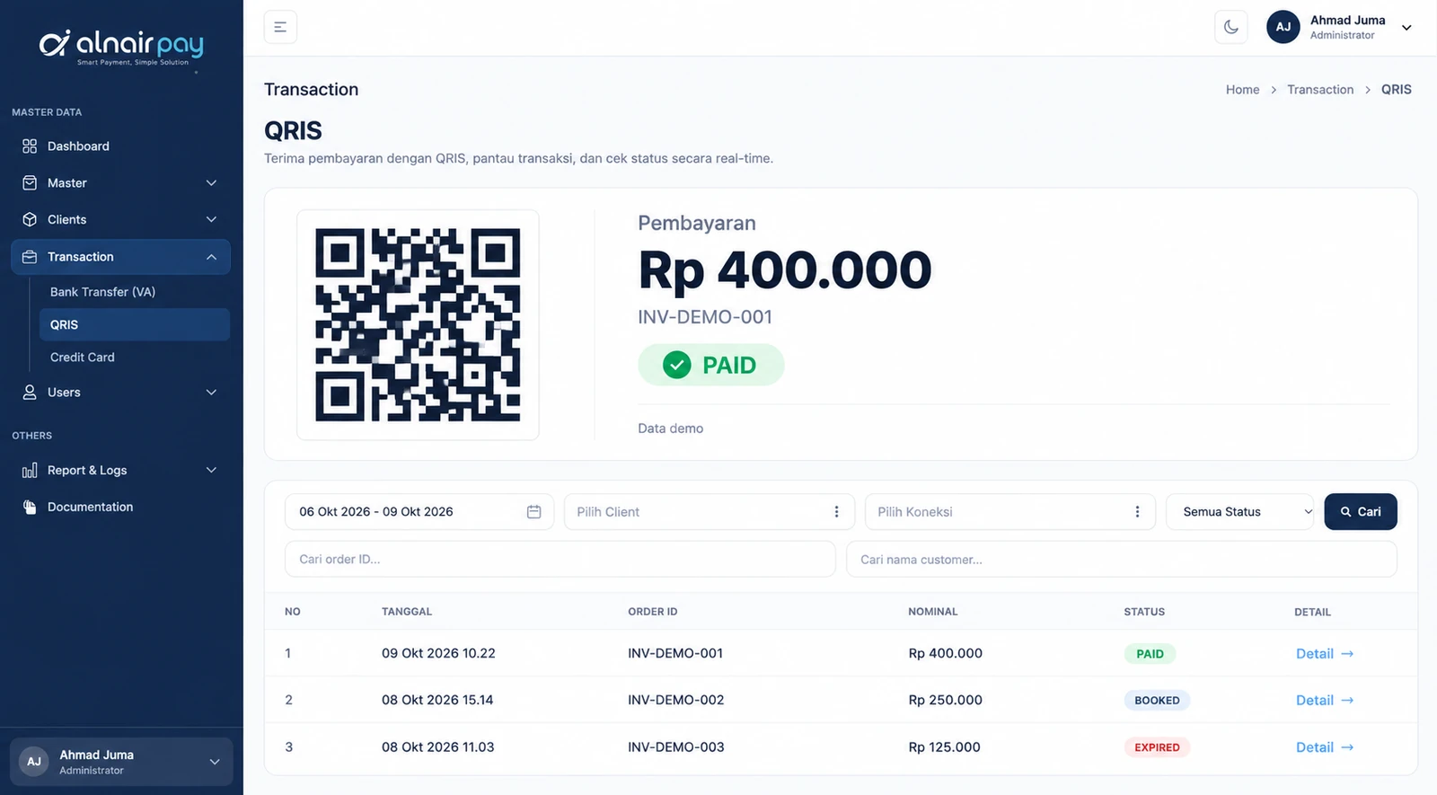 Illustrative interface preview: Alnair Pay dynamic QRIS screen showing a generated QR code with its amount and live payment status