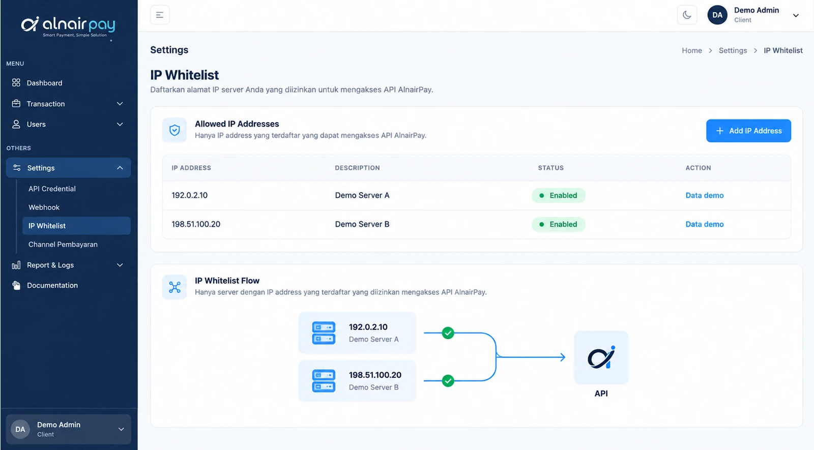 Illustrative interface preview: Alnair Pay IP whitelist settings listing the server addresses allowed to call the API