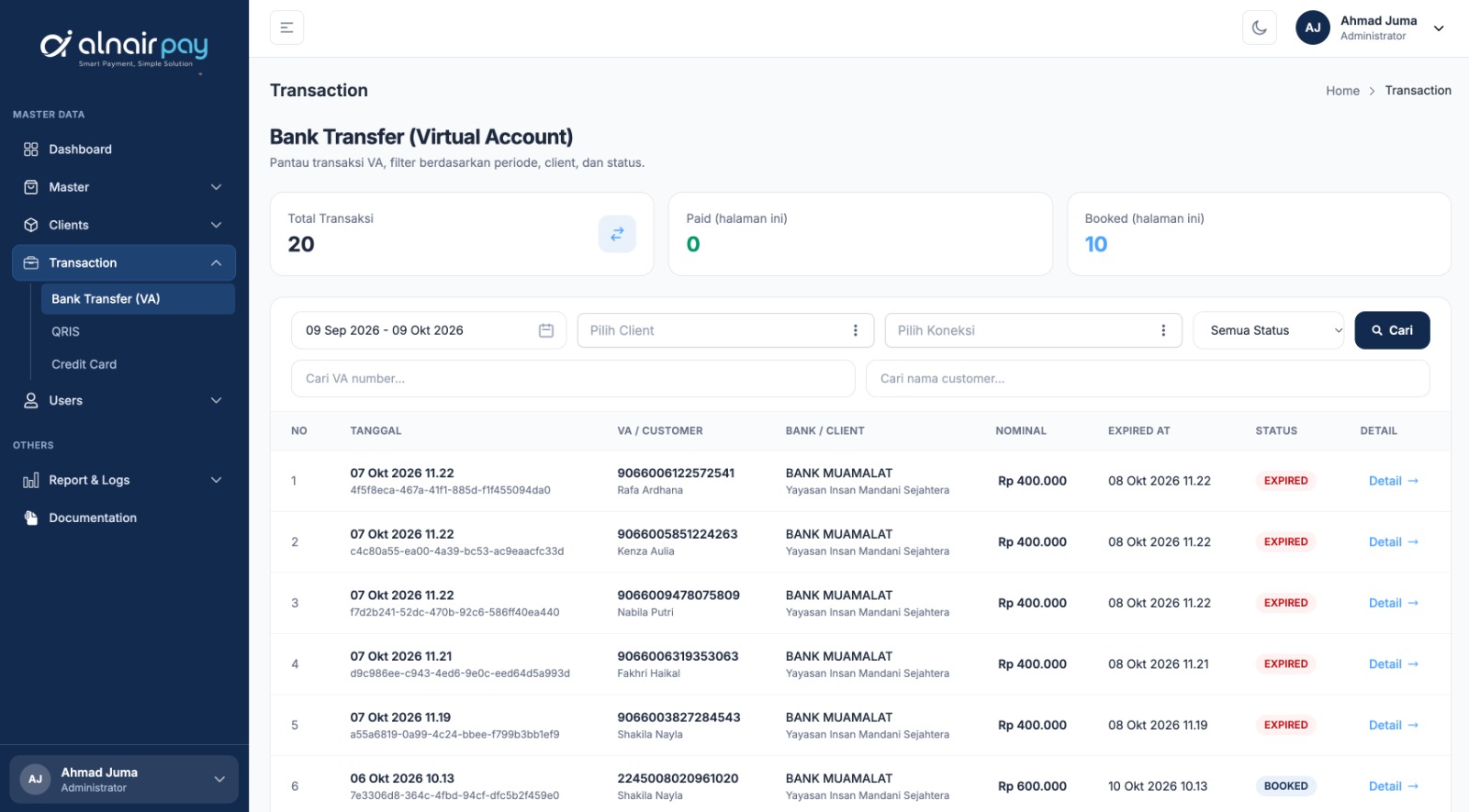 Alnair Pay Bank Transfer (VA) transactions screen listing VA numbers by bank and client, with amounts, expiry times and payment status