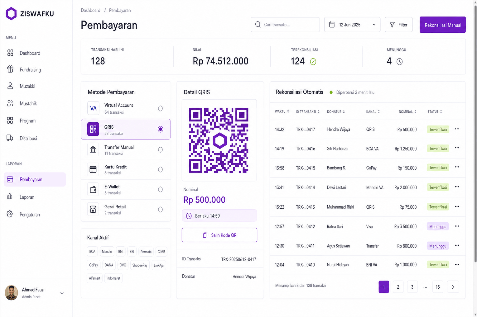 ZISWAFKU payment screen showing payment channel selection, a QRIS panel, and an automatic reconciliation table of verified transactions