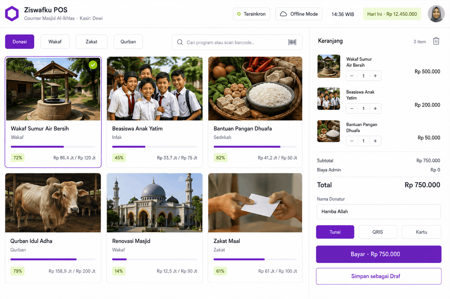 ZISWAFKU point of sale screen with Donasi, Wakaf, Zakat and Qurban category tabs, a programme grid with progress, and a checkout cart
